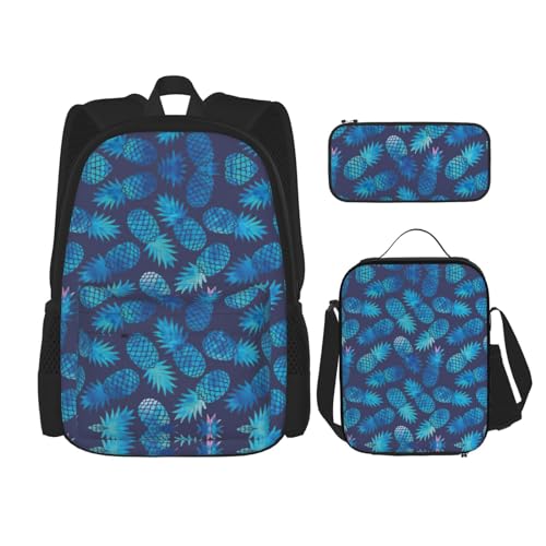 WURTON Schulrucksack-Set mit Ananas-Druck, 3-in-1, Büchertasche, Set mit Lunchbox, Federmäppchen, Reise, Laptop, Tagesrucksack, Blau