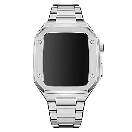 KANUZ Integriertes Metallarmband für Apple Watch 8, 7, 45 mm, Fallschutz, klassisches Edelstahl-Modeband für iWatch 6, 5, 4, SE, 44 mm (Farbe: Silber, Größe: 45 mm)