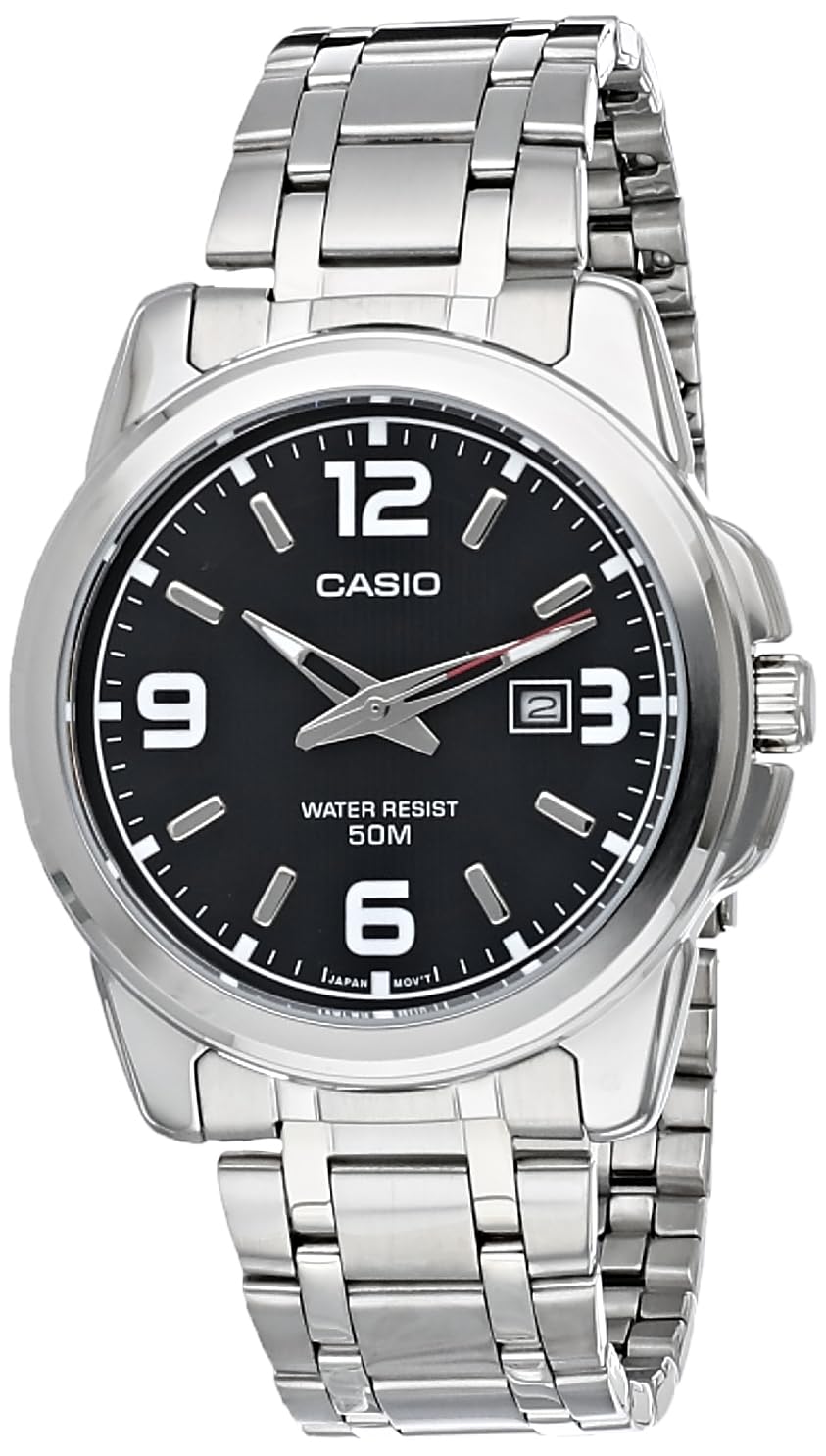 Casio MTP-1314D-1A klassische Herren-Armbanduhr Quarz Analog schwarzes Zifferblatt Stahlarmband, grau