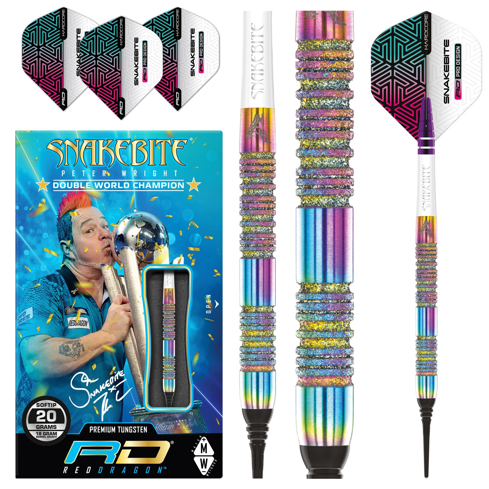 RED DRAGON Peter Snakebite Wright Diamond Fusion Spectron SE 20 Gramm Premium Wolfram Softip Dart Set mit Flüge und Schäften