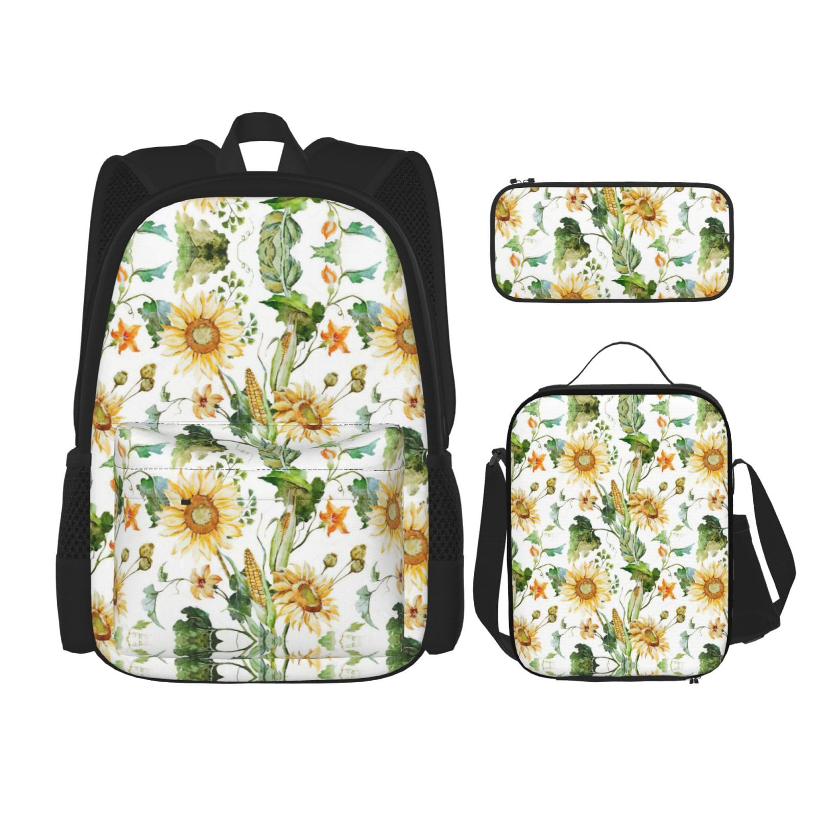 WURTON Verstellbare Schultergurte mit Sonnenblumen- und Mais-Druck, Rucksack-Set, Lunch-Tasche, Federmäppchen, Kombinationstaschen-Set