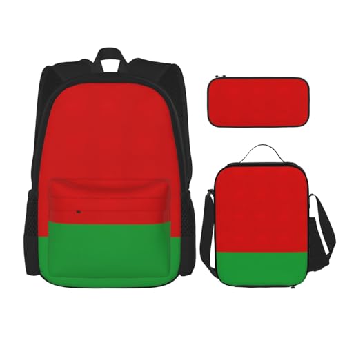 WURTON 3-in-1-Büchertaschen-Set mit Aufdruck der Flagge von Belarus, Lunchbox, Federmäppchen, Reise-Laptop, Tagesrucksäcke, Schwarz , Einheitsgröße