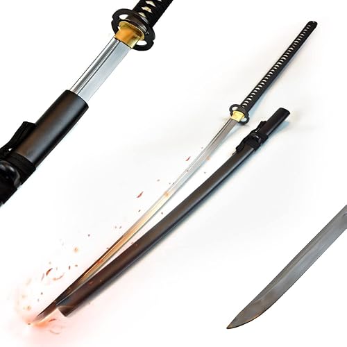 Swords and more Nodachi Schwert mit handgeschmiedeter scharfer Klinge, Odachi Japanisches Schwert – langes Samuraischwert mit Holzscheide, 141 cm, aus Hartstahl, schwarz