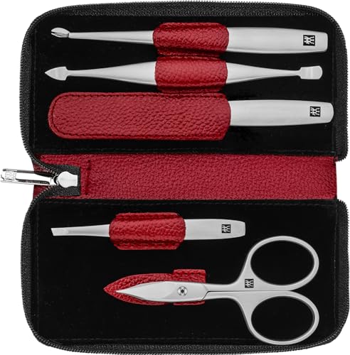 ZWILLING Twinox Etui Maniküre Nagel-Set 5-tlg. Pediküre Pflege Hände Füße Reise Leder Mann Frau Nagelschere Hautschere Pinzette Nagelfeile Doppelinstrument rot 97094-002-0