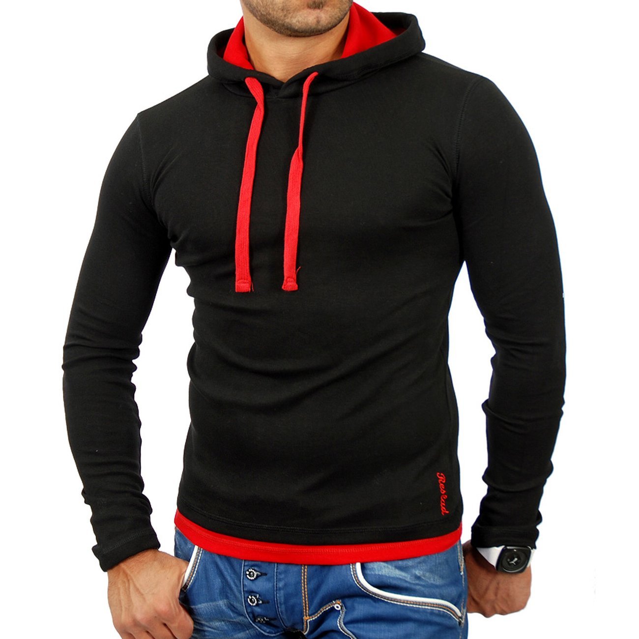 Reslad Herren Pullover Kapuzenpullover Sweatshirt Sweater Pulli Hoodie RS-1003 Schwarz-Rot L