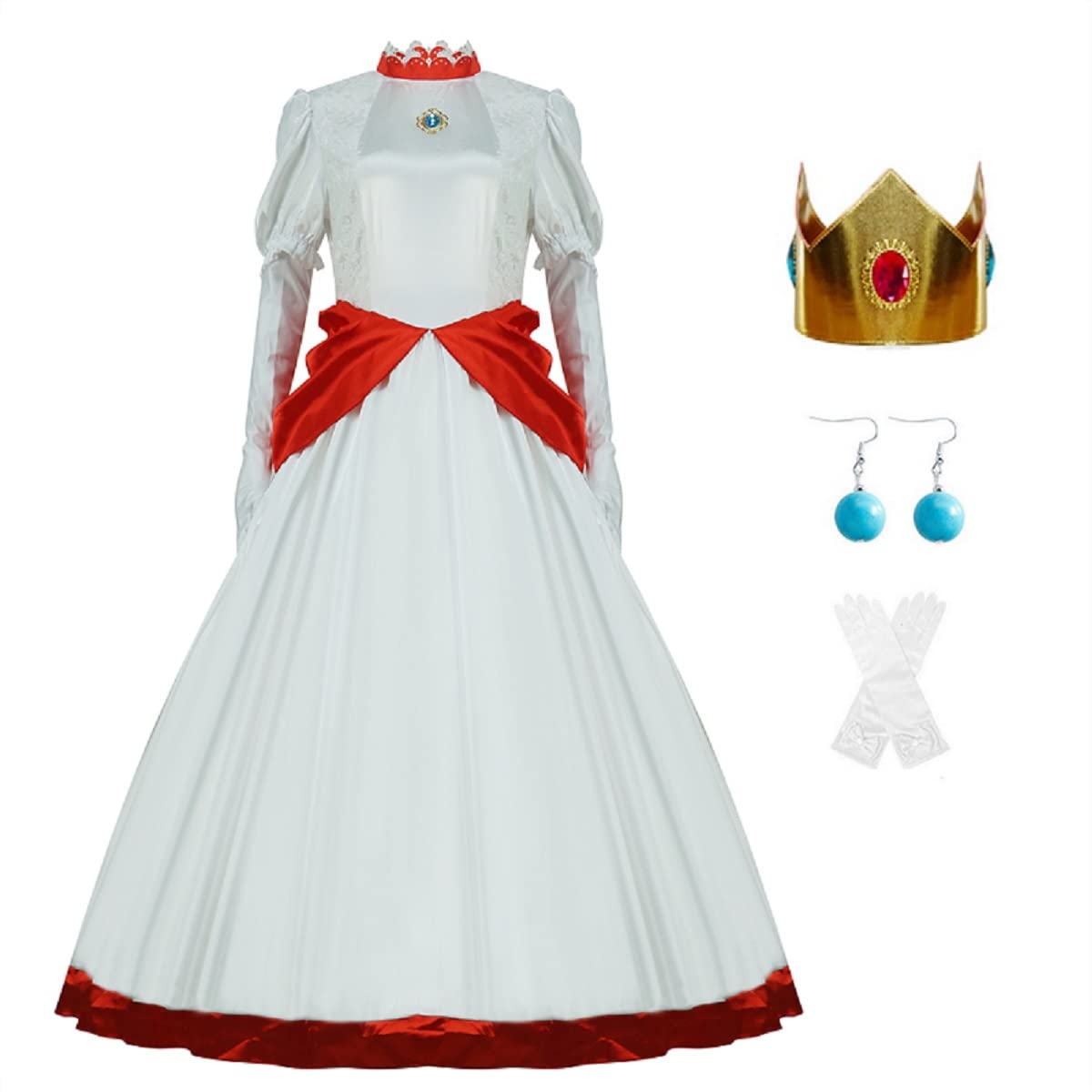 AYYOHON Prinzessin Pfirsich-Kostüm für Damen, 2023, Superbrüder, Cosplay, Kleid, Krone, Ohrringe, Handschuhe, komplettes Set, Erwachsenen-Halloweenanzug, Größe M