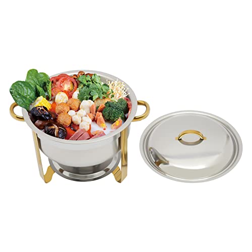 HuKaiL 5L Edelstahl Warmhaltebehälter, Rund Speisewärmer Chafing Dish mit Ständer, Warmhaltegerät Buffetwärmer mit 10kg Tragfähigkeit für Cafeterias, Hotel, Schulkantinen, Bankette, 42 * 32cm, Gold