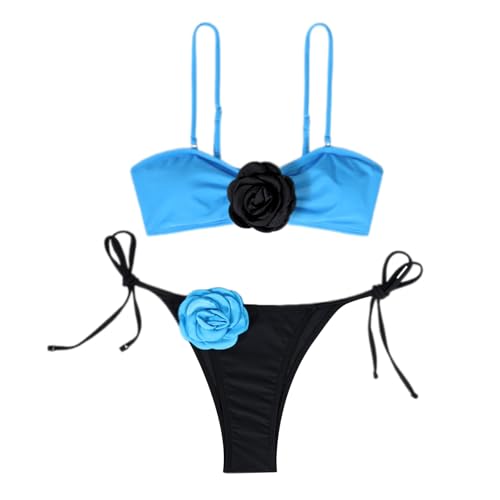 JUNNASALIKER Zweiteiliges Damen-Badeanzug-Set, 3D-Blumendekoration, Bandeau-Badeanzug mit verstellbarem Schulterriemen