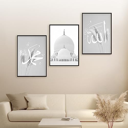 HAVA Artwork Grey Mosque Poster Set, Islamische Poster, Islamische Bilder, Islamische Dekoration, Islamische Geschenke, Bilderrahmen, Allah Wandbild