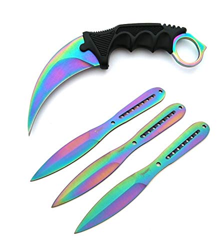 KOSxBO® 4er Messerset Rainbow - 3X Wurfmesser und 1x CSGO Karambit Messer - Gürtelmesser - Taschenmesser - Throwing Knife - Messer mit Scheide - Trainingsmesser