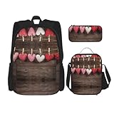 WURTON Valentins-Herz-Druck, trendige Rucksacktaschen, Lunchbox und Federmäppchen, 3-in-1, verstellbares Rucksack-Set