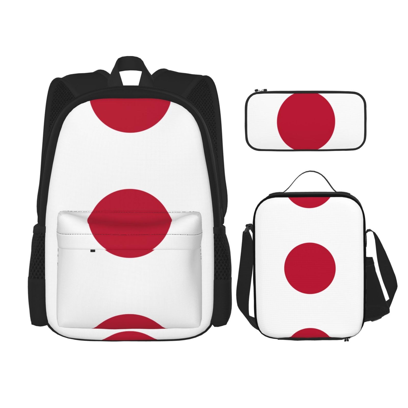 WURTON Reise-Lunchbox mit japanischer Flagge, Federmäppchen, Rucksack-Set, 3-teilig, verstellbare Riemen, leicht, Schwarz, Einheitsgröße