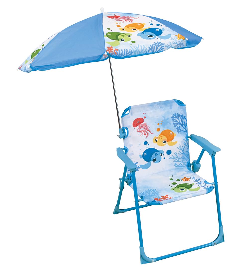 Fun House Enfant 713516 MA Klappstuhl, klein, Schildkröte, H 53 x B 38,5 x T 37,5 cm, mit Sonnenschirm Ø 65 cm, Blau