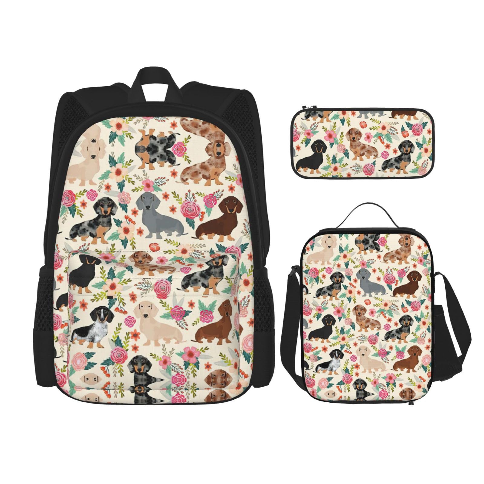 WURTON Rucksack mit Dackel-Blumendruck, für Mädchen und Jungen, Schultaschen, Teenager, Lunchbox und Federmäppchen, 3-in-1-Büchertaschen-Set