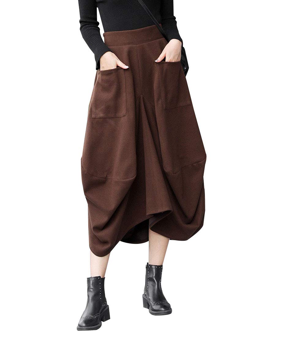 Damen Elegante Wolle Unregelmäßiges Langen Rock Hose Mode Warm Elastische Taille Herbst und Winter Pleated Midi Wolle Flared Röcke (L (Elastische Taille: 72 cm), Brown)