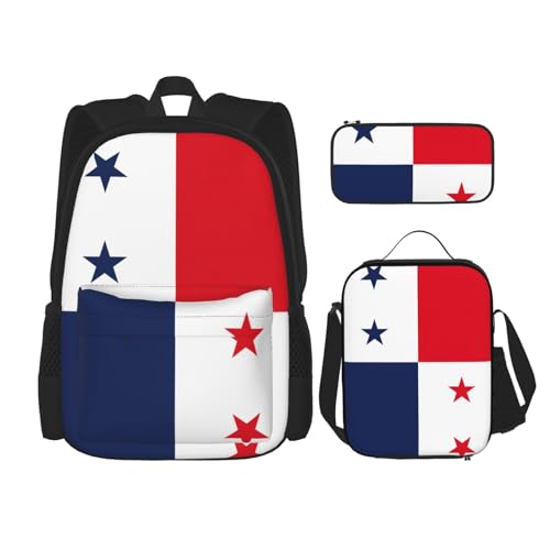 WURTON Rucksack, Motiv: Flagge von Panama, Schulbüchertasche mit Lunchtasche, Federmäppchen, Kombination, Schulranzen-Set