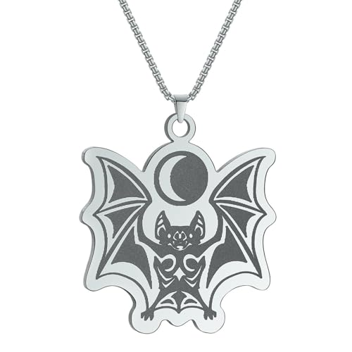 Belachick Charme Halskette Ketten Schmuck Herren Frauen Anhänger Necklace Vampirfledermaus Und Mondmann Halskette Punk Anhänger Halskette S