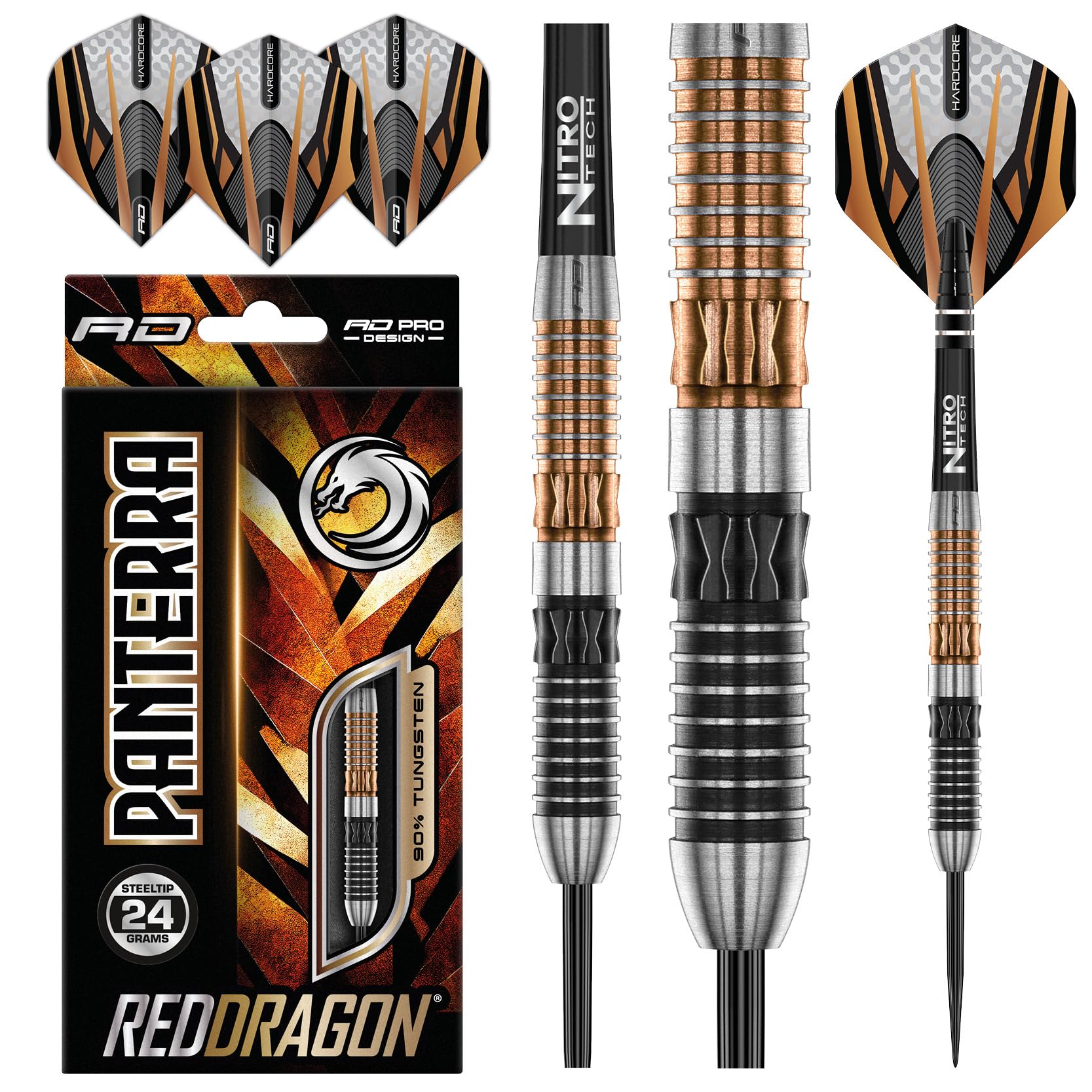 RED DRAGON Panterra 24 Gramm Premium Wolfram Steeltip Dart Set mit Flights und Schäften