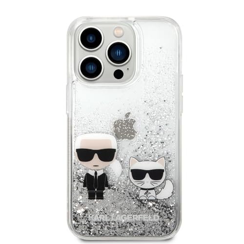 CG MOBILE Karl Lagerfeld Liquid Glitter Silikon Hülle und Choupette Protector/Ultradünn/Rutschfest/Stoßdämpfung/Anti-Kratzer Kompatibel mit iPhone 14 Pro 6,1 Zoll (Silber)