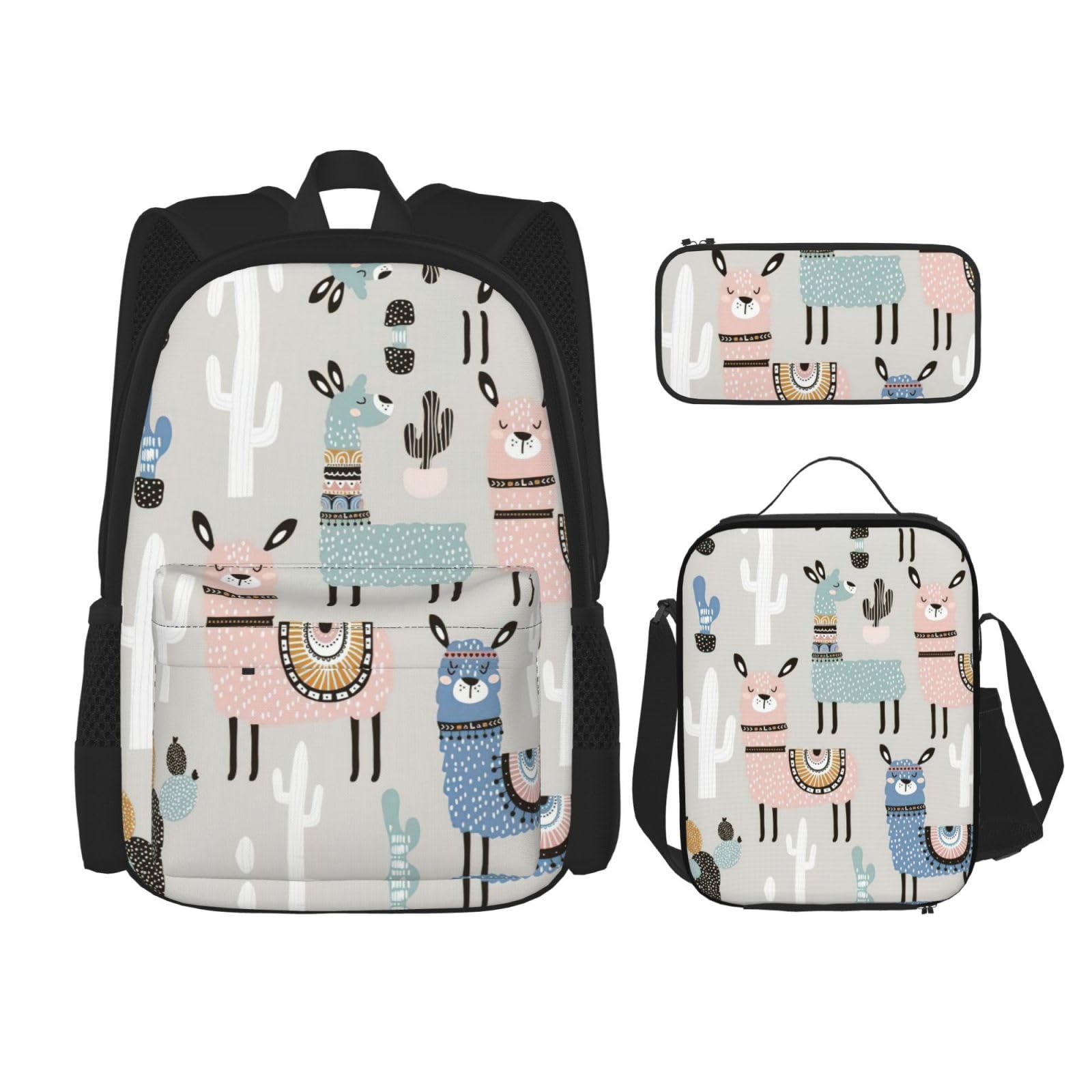 WURTON Rucksack mit Lama-Kaktus-Druck, für Mädchen, Jungen, Schultaschen, Teenager, Lunchbox und Federmäppchen, 3-in-1-Büchertaschen-Set