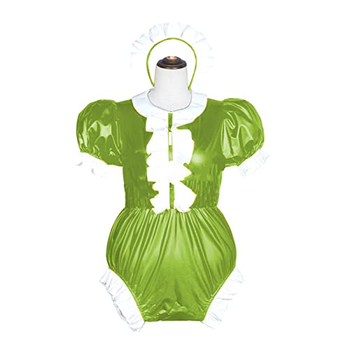 Damen-Body mit Wetlook, PVC, Rollkragen, Bodysuit, Leder, Puffärmel, Obstgrün, XS