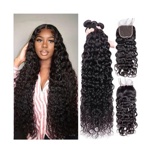 Bundles mit Verschluss Wasser Welle 3 4 Bundles mit Verschluss Brasilianische Menschliche Haar Welle Lockige Webart Bundles mit Frontal Natürliche Farbe Remy Haar verlängerung Hair Geflochten(5" x 5",