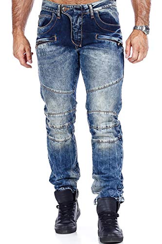 Cipo & Baxx Herren Jeans Hose Used Look Straight it Denim mit ausgefallene Nähten Blau W33 L32