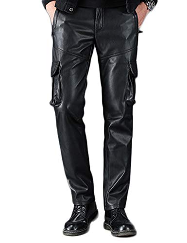 Idopy Herren Coole Kunstleder Hose Loose Style PU Cargohose , Schwarz, 34W / 30L