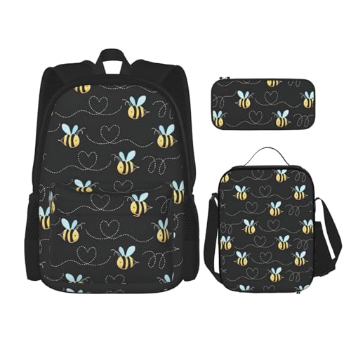 WURTON Schulrucksack-Set mit Hummelmotiv, 3-in-1, Büchertaschen-Set mit Lunchbox, Federmäppchen, Reise-Laptop-Tagesrucksäcke