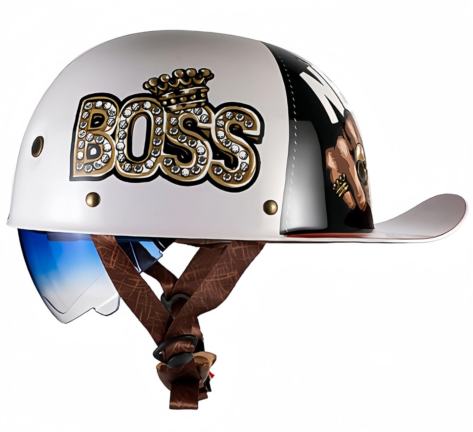 Baseballkappen-Helm, halber Vintage DOT/ECE-zugelassener Moped-Stil-Helm für Coole Motorrad-Cruiser-Roller, für Männer und Frauen D,2XL 60-62cm