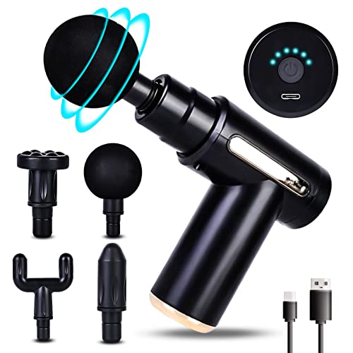 Massagepistole Mini, Massage Gun, Muskel Massagegerät Tragbar Handmassagegerät mit 6 Geschwindigkeiten, USB C Ladeanschluss und 4 Massageköpfen, 40DB Ultra Leise Massagepistole(Schwarz)