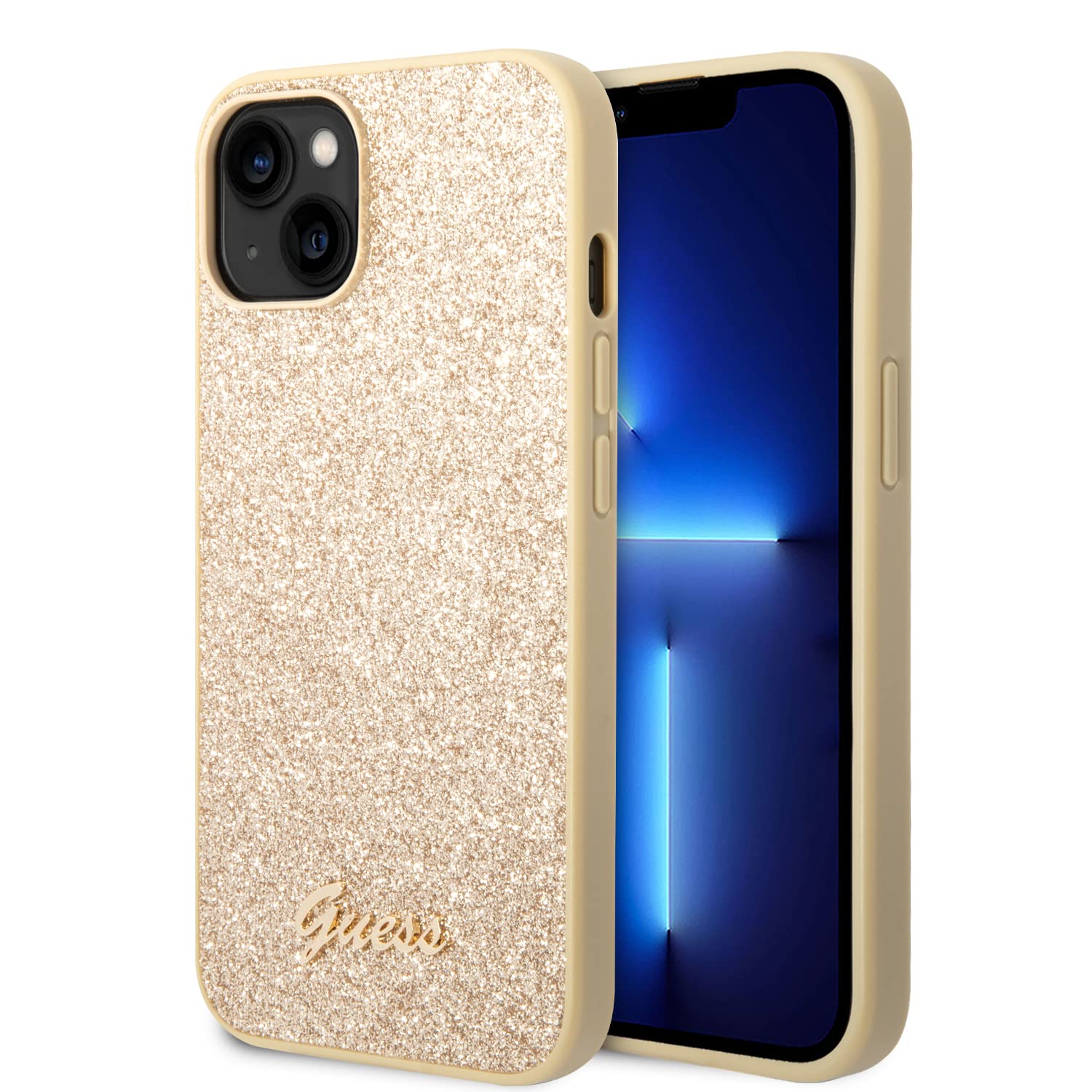 Guess Handyhülle für iPhone 14 Zoll Gold Glitzer Flocken, Anti-Kratzer PC/TPU, bequeme und langlebige Hartschale mit zugänglichen Anschlüssen, Stoßdämpfung und charakteristischem Metall-Logo