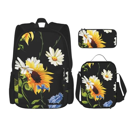 DENMER Mehrzweck-Schultasche mit Marmorstruktur, mit passendem Federmäppchen und Lunchtasche, stilvolle All-in-One-Lösung, Sonnenblumen Kamille, Einheitsgröße