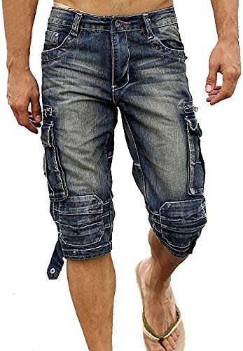 idopy Herren Cargo Denim Biker Jeans Shorts mit Reißverschluss, vintage-blau, W40