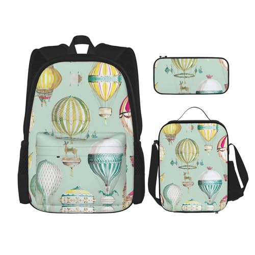 WURTON Cartoon-Ballon-Druck, trendiger Rucksack, Tasche, Lunchbox und Federmäppchen, 3-in-1, verstellbares Rucksack-Set, Schwarz , Einheitsgröße