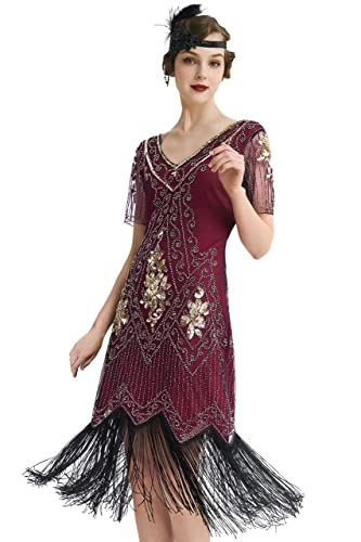 ArtiDeco 1920s Kleid Damen Flapper Kleid mit Kurzem Ärmel Gatsby Motto Party Damen Kostüm Kleid (Rot Gold, XS (Fits 70-74 cm Waist))