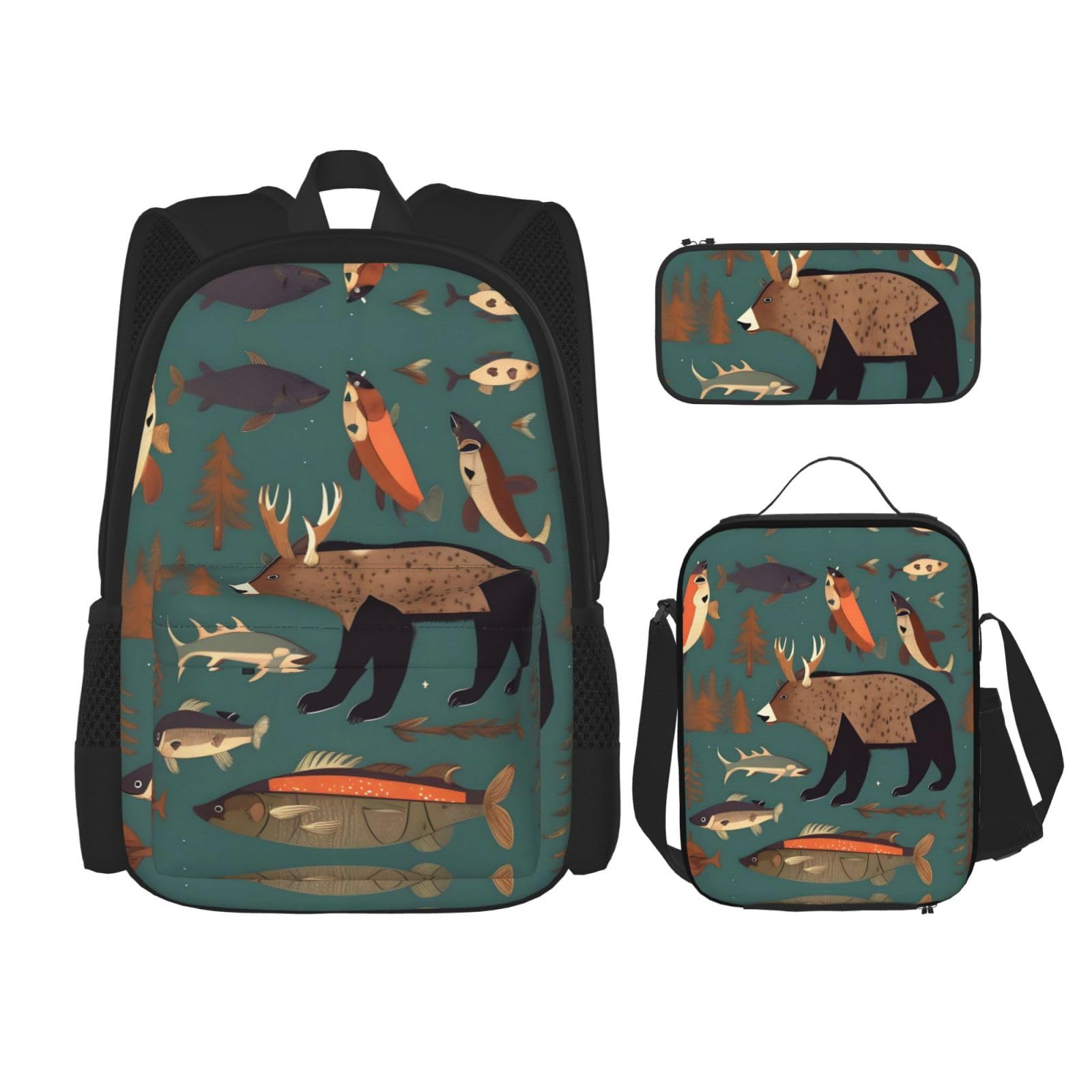 WURTON Lodge Bear Hirsch Fische Druck Lunchbox Federmäppchen Rucksack Set 3 Stück Verstellbare Träger Langlebig Leicht, Schwarz, One Size