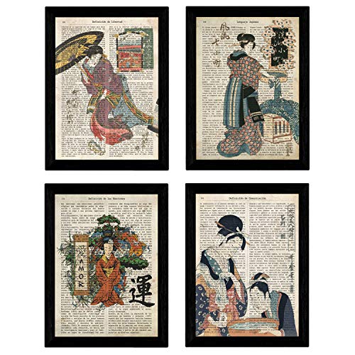 Nacnic Set aus 4 japanischen Vintage Poster. Japanische Illustration im A4-Format mit Rahmen.