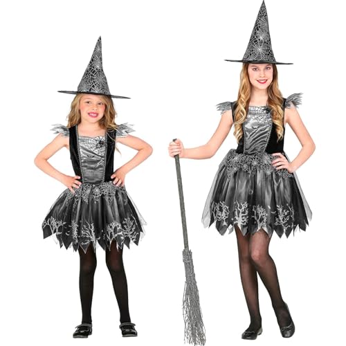 Widmann - Kinderkostüm Hexe, 2-teilig, Kleid und Hut, Schwarz-Silber, Spinnen-Netz, Märchen, Kostüm, Verkleidung, Mottoparty, Karneval, Halloween