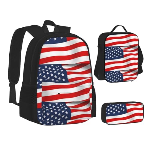 WURTON Rucksack-Lunchbox-Set mit amerikanischer Flagge, 3-in-1-Büchertasche und Federmäppchen, passendes Set, Schwarz, Einheitsgröße