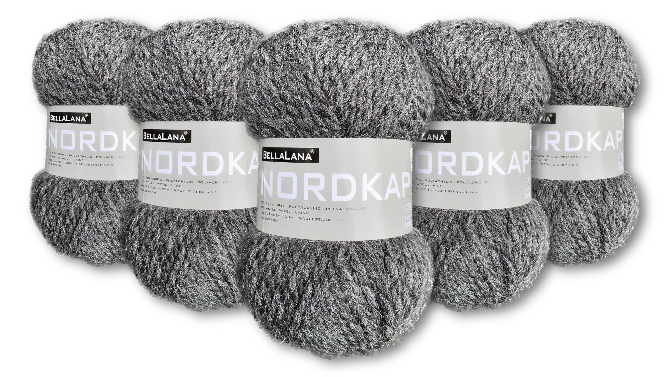 Wollkontor, BellaLana NORDKAP, 57% Polyacryl, 43% Schurwolle, 5x100g, Längsknäuel, Lauflänge: ca. 100m, Nadelstärke: 6,0-6,5mm (anthrazit)