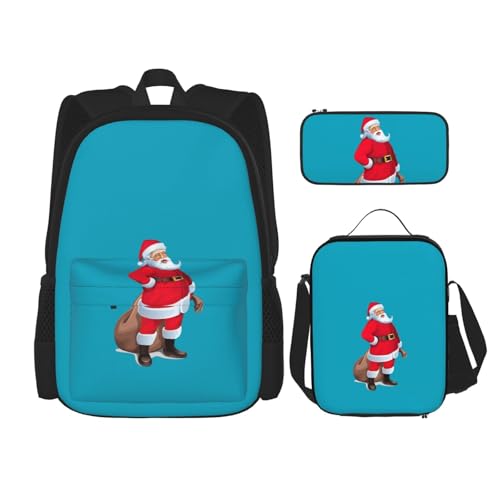 WURTON Niedlicher Weihnachtsmann-Druck, trendiger Rucksack, Tasche, Lunchbox und Federmäppchen, 3-in-1, verstellbares Rucksack-Set