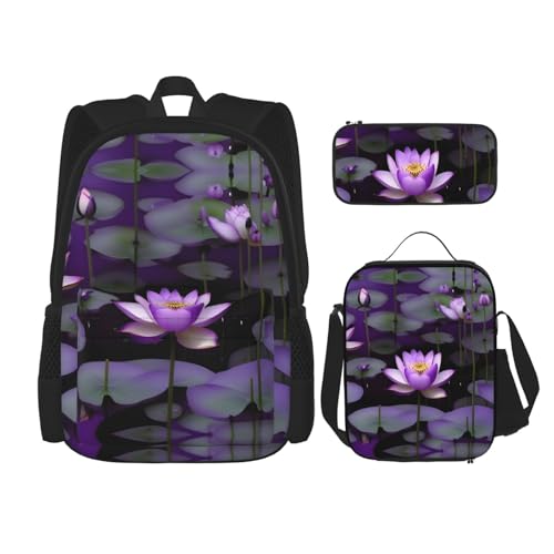 WURTON Lotusblume lila Druck Reise Lunchbox Federmäppchen Rucksack Set 3 Stück verstellbare Träger leicht, Schwarz, Einheitsgröße