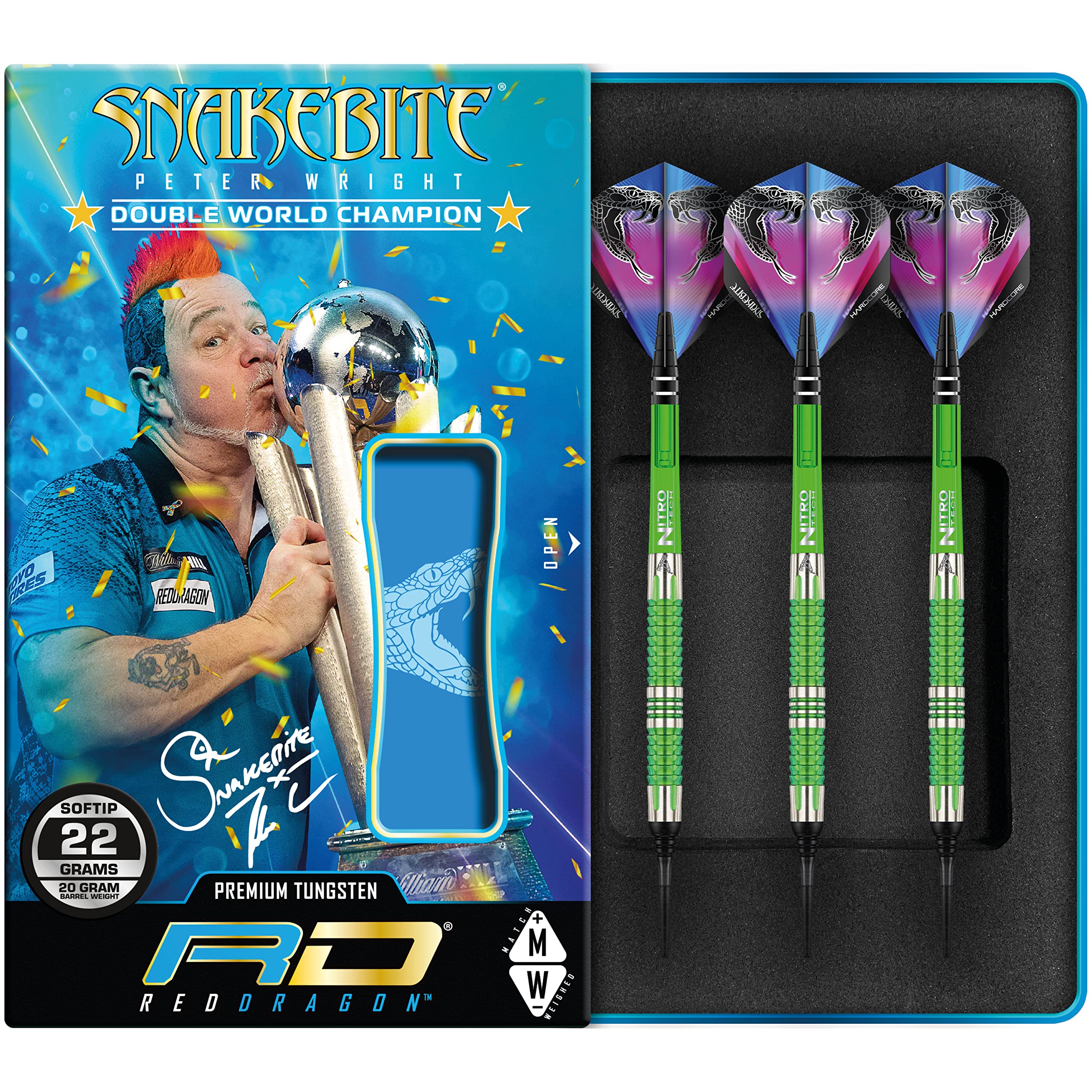 RED DRAGON Peter Wright Snakebite Mamba 2: 20g Fassgewicht, 22g Gesamtgewicht Softip Tungsten Darts mit Flights und Schäfte