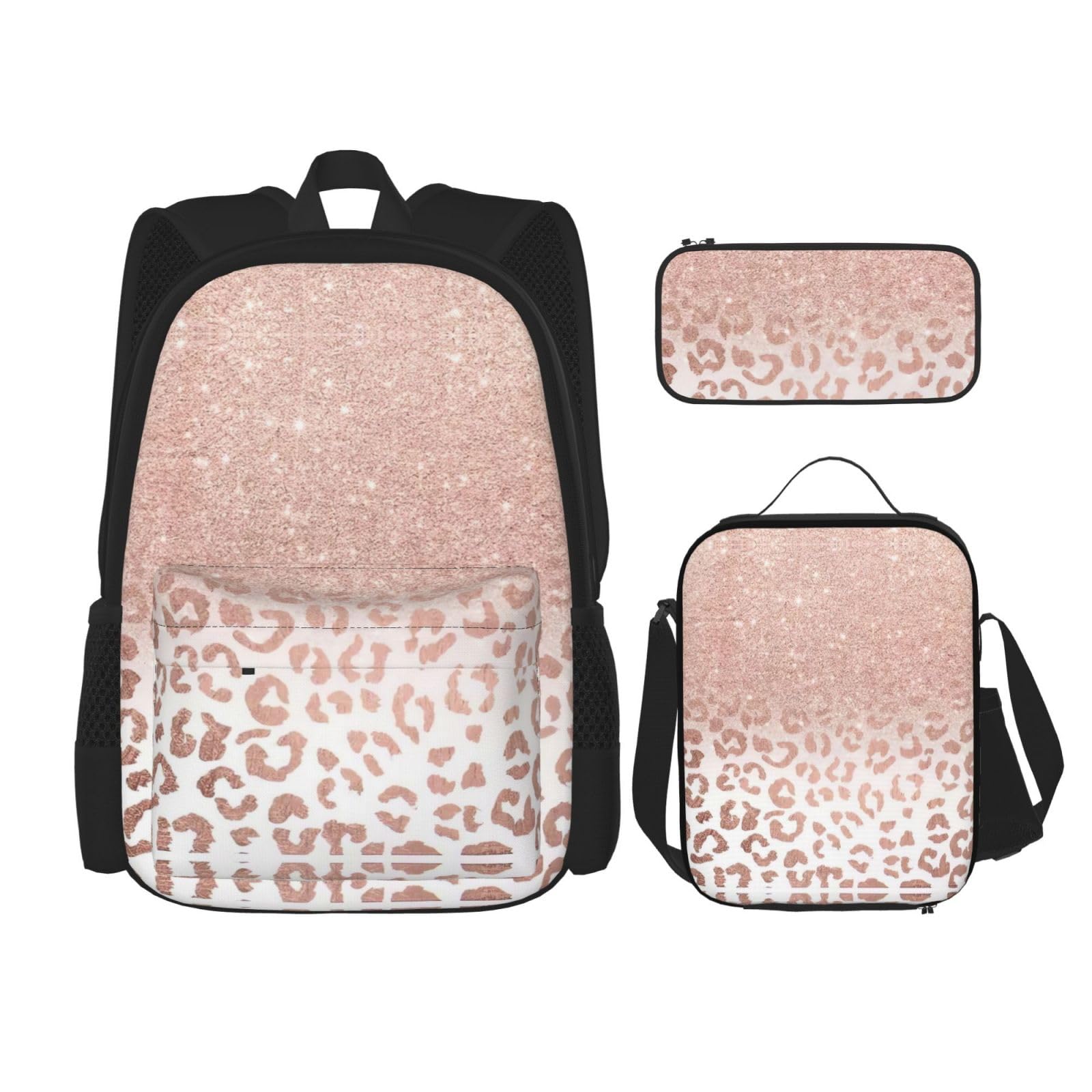 WURTON 3-in-1 Büchertaschen-Set mit rotgoldenem Glitzer-Druck, verstellbarer Schulter-Rucksack, Lunch-Tasche, Federmäppchen, Beutelbox, Schwarz, Einheitsgröße