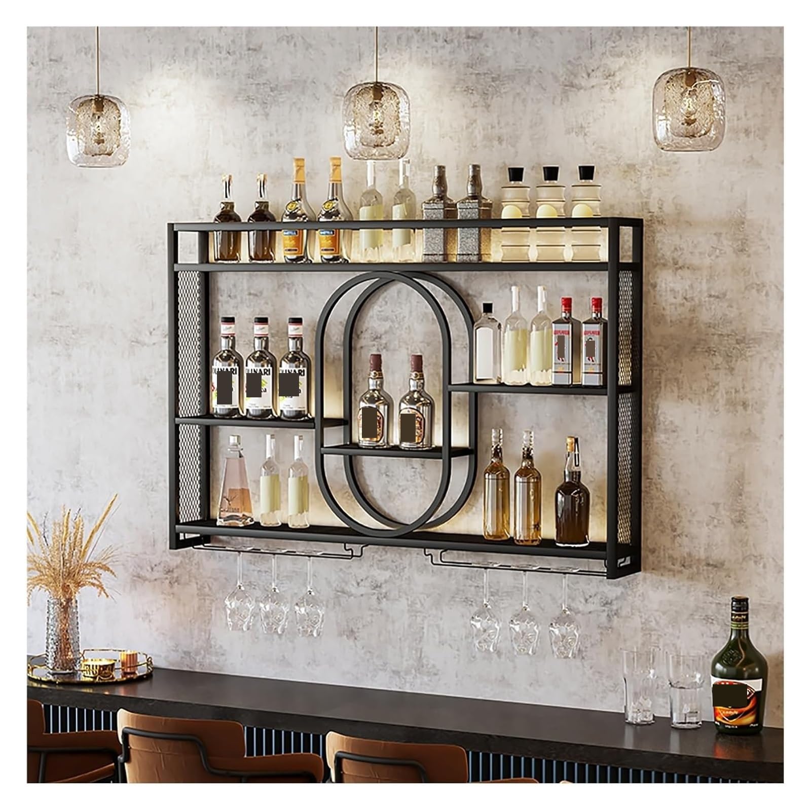 Hängende industrielle runde Weinregale, An der Wand montiertes Weinregal mit LED-Licht, schwebende Metallregale mit hängendem Weinglashalter, for Bar, Weinkeller, Küchendekor(Black,120x15x80cm)