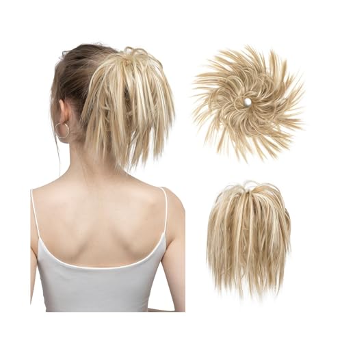 Haarteile Haarknoten Synthetisches Kunsthaar, unordentlicher Dutt, Chignon, elastisches, flexibles Band, Haargummi, lockiges Haarteil, synthetische Verlängerung Brötchen Haare(Drity Blonde)