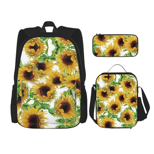 WURTON Gelbe Sonnenblumen-Druck, trendige Rucksacktaschen, Lunchbox und Federmäppchen, 3-in-1, verstellbares Rucksack-Set, Schwarz, Einheitsgröße, Schwarz , Einheitsgröße