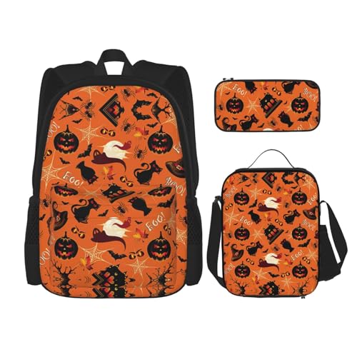 WURTON Schulrucksack-Set mit Halloween-Druck, 3-in-1-Büchertaschen-Set mit Lunchbox, Federmäppchen, Reise-Laptop-Tagesrucksäcke