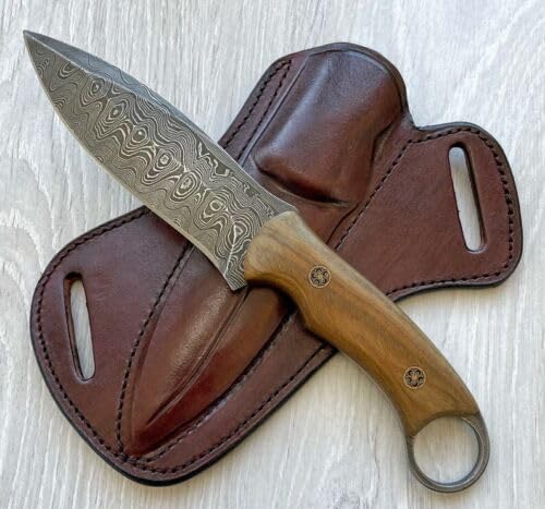 CraftTal Handgeschmiedet Jagdmesser, 12 cm Klinge aus ECHT Damaststahl, Griff aus Rosenholz 25 cm Gesamtlänge hochwertige ECHT Lederscheide Geschenk für Jäger. Geschenk für ihn